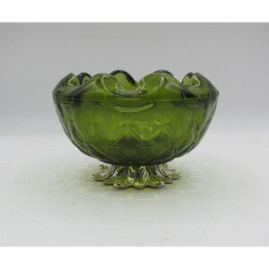 VTG Indiana Glass Avocado Green Diamond Point ruffle Bowl Pedestal Candy Dish